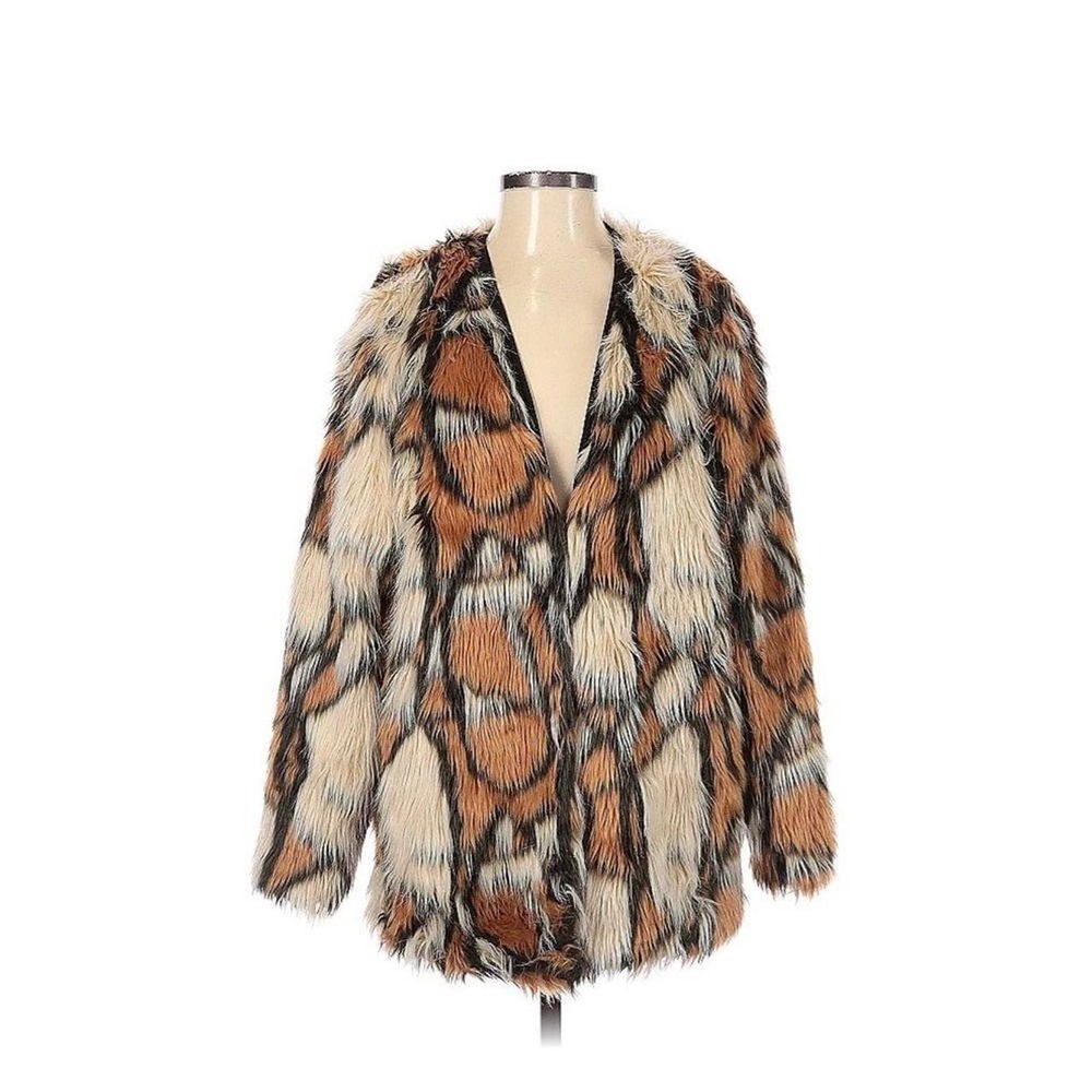 Women Faux Fur Coat Abstract Animal Print Open Front Brown Tan Shaggy Jacket